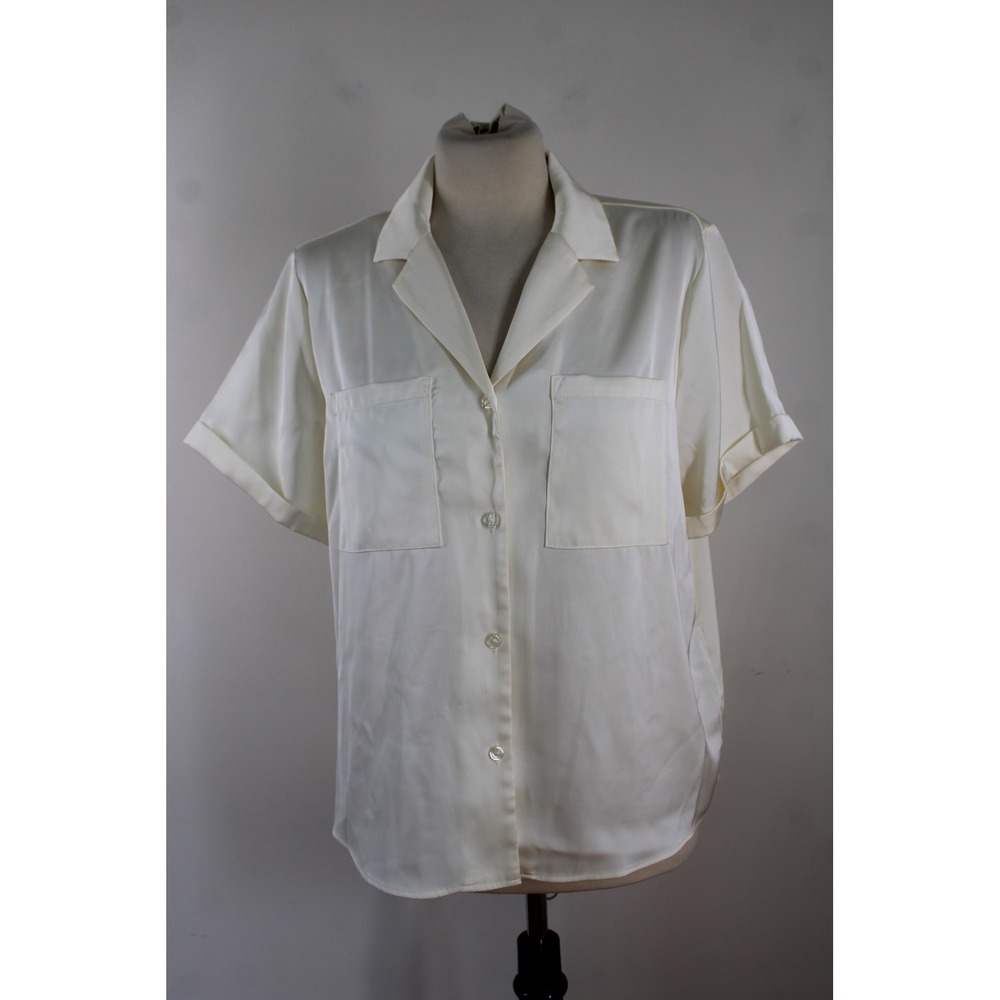 Lands End 12 Ivory Short Sleeve Button Down Satin Camp Collar Pocket Shirt